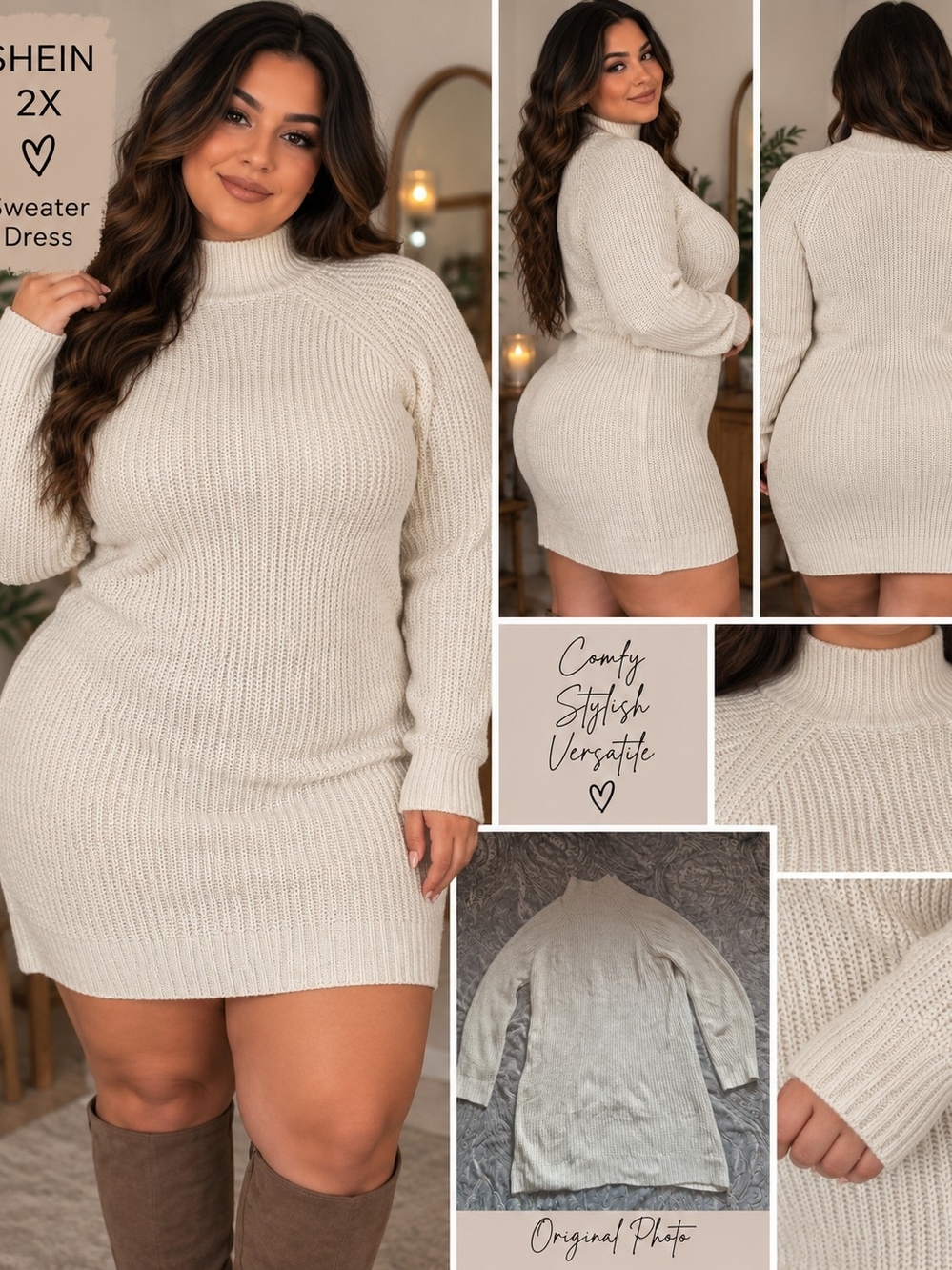 SHEIN Cream Ribbed Mock Neck Sweater Dress